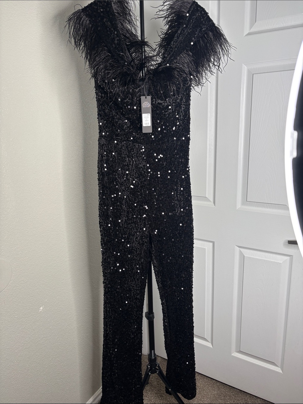 Fashion Nova Black Sequin Feather Trim V-Neck Jumpsuit